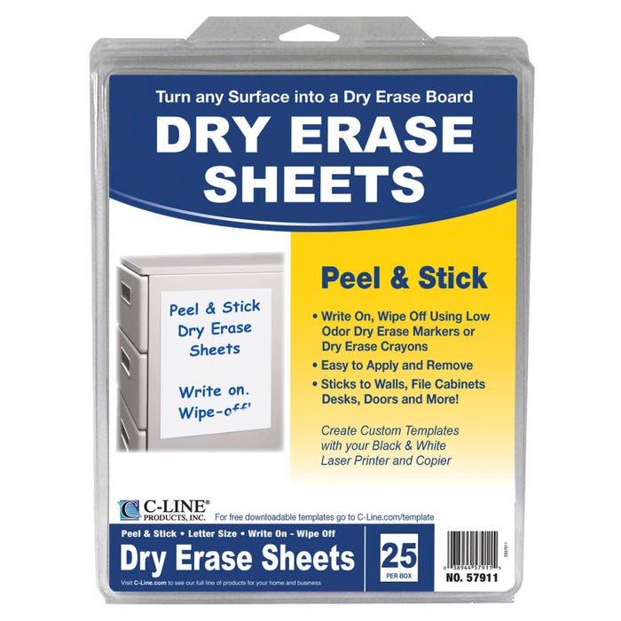 C-Line Peel & Stick Dry Erase Sheets, 8-1/2 x 11 Inches, Pack of 25