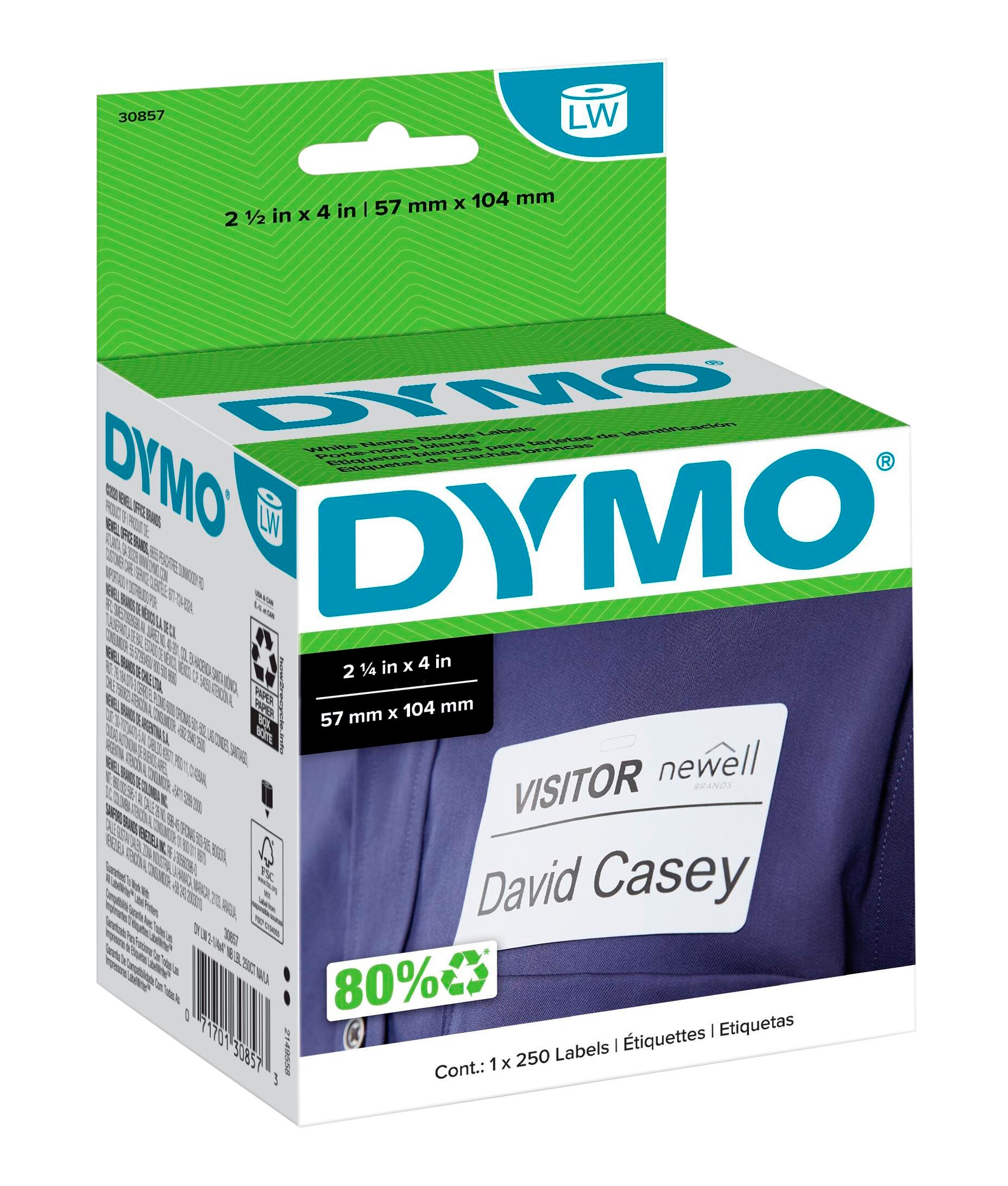 Dymo LabelWriter Name Badge Labels, 2-1/4 x 4 Inches, White, 1 Roll of 250 Labels 075966