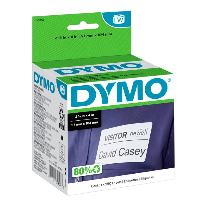 Dymo LabelWriter Name Badge Labels, 2-1/4 x 4 Inches, White, 1 Roll of 250 Labels