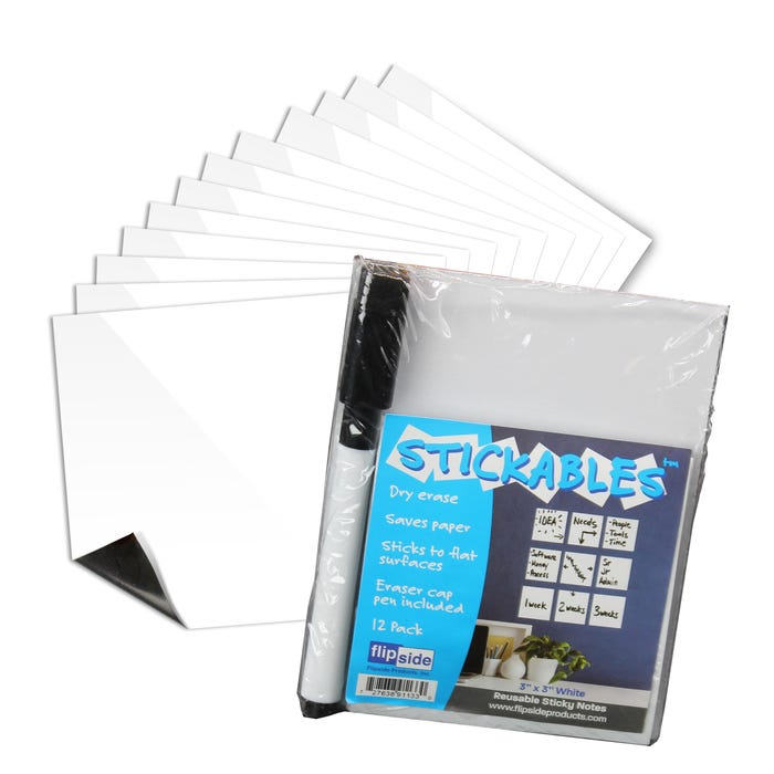 Flipside White Dry Erase Stickables with Dry Erase Marker, 3 x 3 Inches, Pack of 24