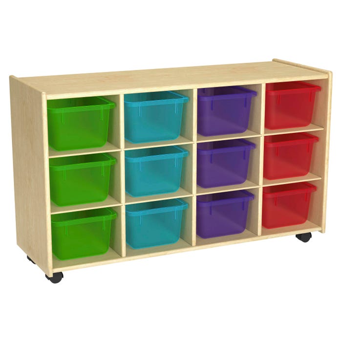 Childcraft Mobile Cubby Unit with Locking Casters, 12 Translucent-Color Bins, 38-5/16 x 14-1/4 x 24 Inches