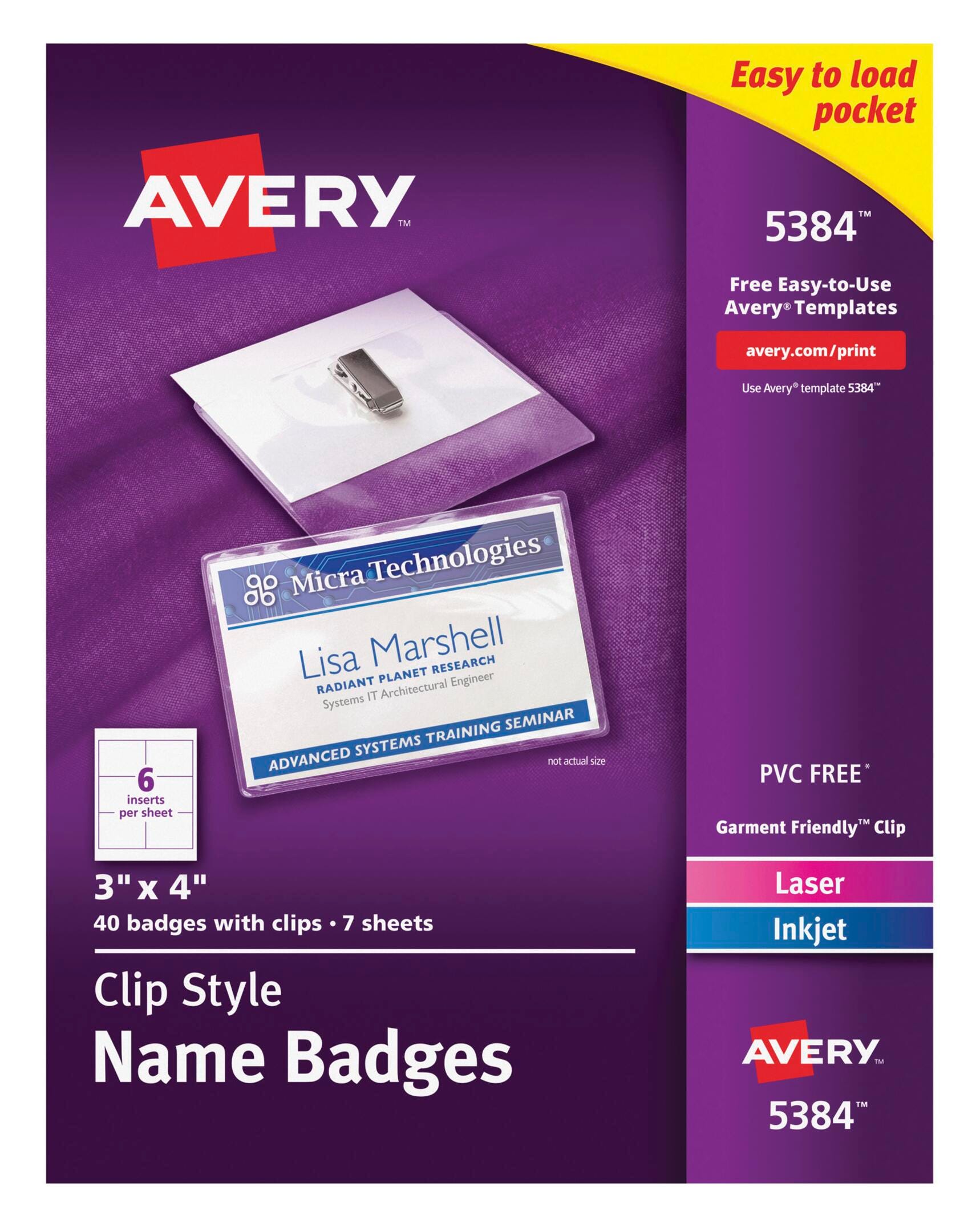 Avery Flexible Soft Top Loading Name Badge Holder Kit for Laser or Inkjet Printers, 3 X 4 in, Paper, White, Pack of 40 1054624