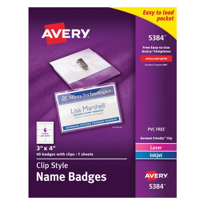 Avery Flexible Soft Top Loading Name Badge Holder Kit for Laser or Inkjet Printers, 3 X 4 in, Paper, White, Pack of 40