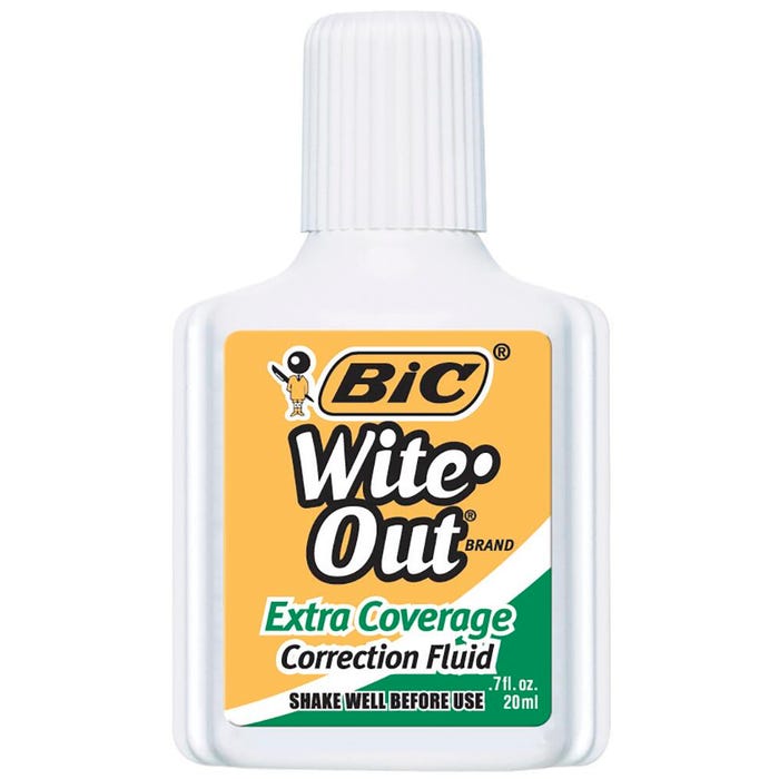 BIC Wite-Out Extra Coverage Correction Fluid with Foam Applicator, 20 Milliliter Bottle, White