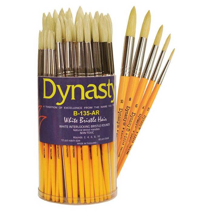 Dynasty Brush B-135-AR White Bristle Hair Classroom Brushes in Cylinder, Round Type, Short Handle, Assorted Sizes, Set of 60