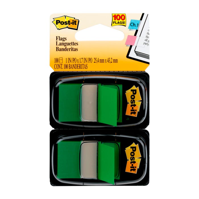 Post-it Flags and Dispensers, 1-3/4 x 1 Inches, Green, Pack of 100