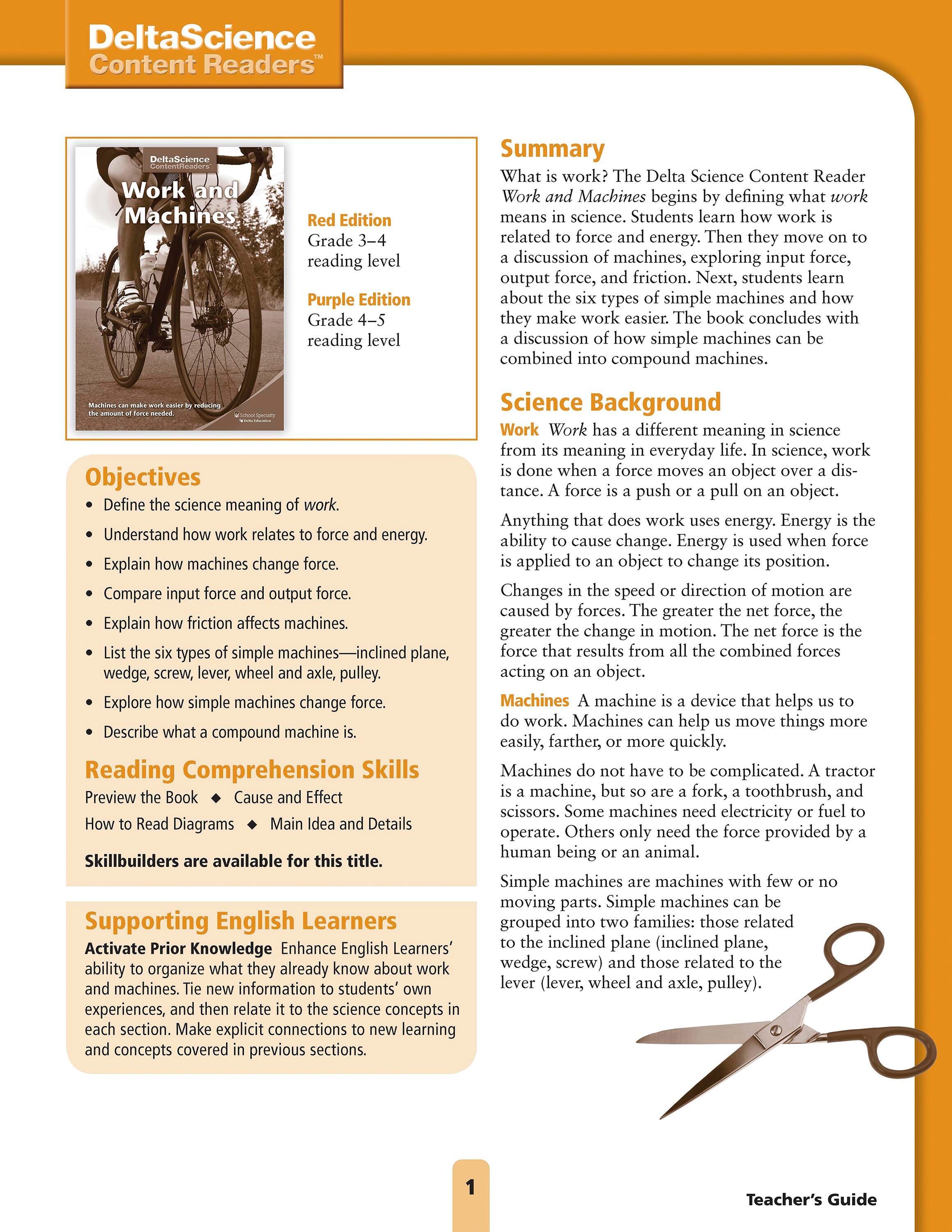 Delta Science Content Readers Work and Machines Red and Purple Teacher's Guide, Item Number 1278146