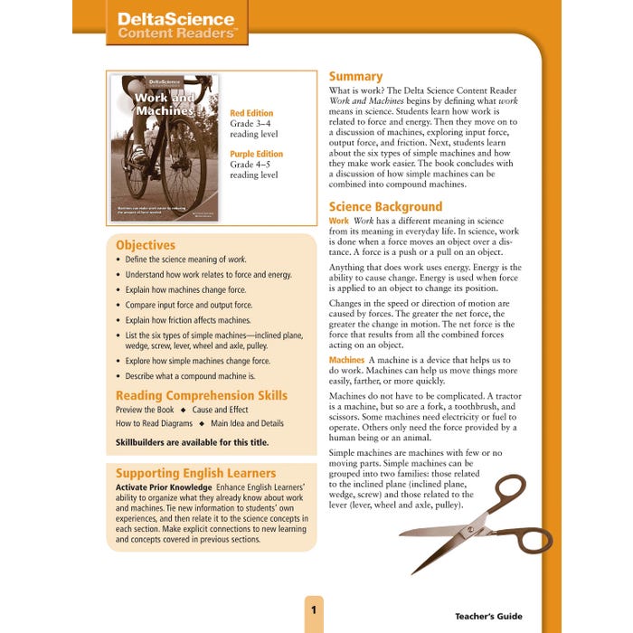 Delta Science Content Readers Work and Machines Red and Purple Teacher's Guide