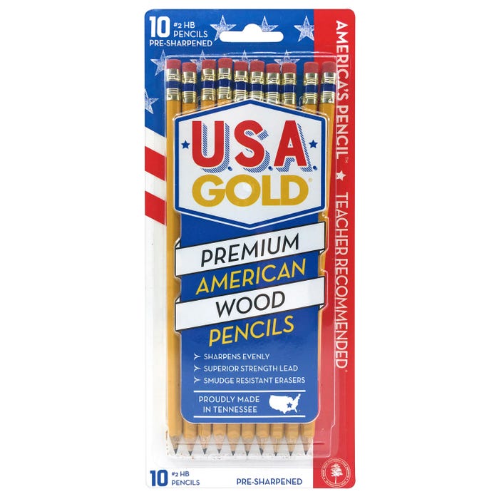 USA Gold Woodcase Pencils, No 2, Pre-Sharpened, Pack of 10