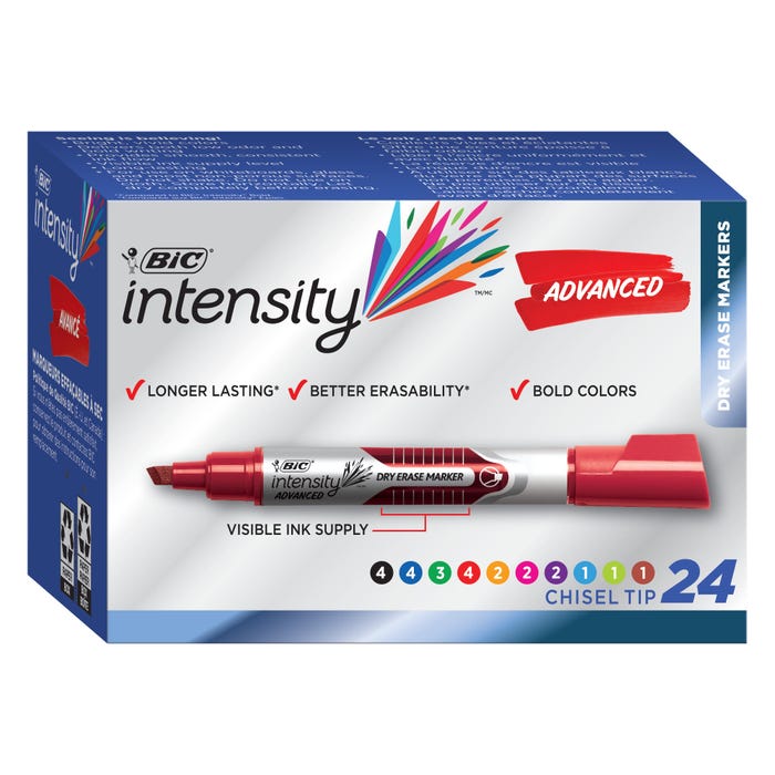BIC Intensity Advanced Dry Erase Low Odor Marker, Tank, Chisel Tip, Assorted Colors, Set of 24
