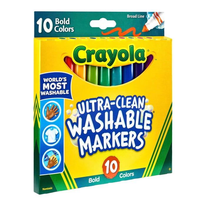 Crayola Ultra-Clean Washable Markers, Broad Line, Assorted Bold Colors, Set of 10