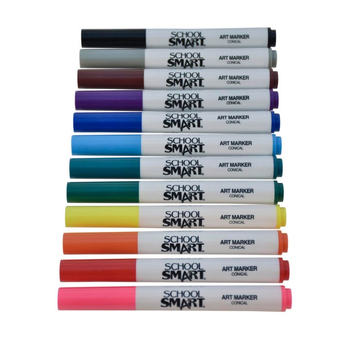 School Smart Art Markers, Conical Tip, Assorted Colors, Pack of 12