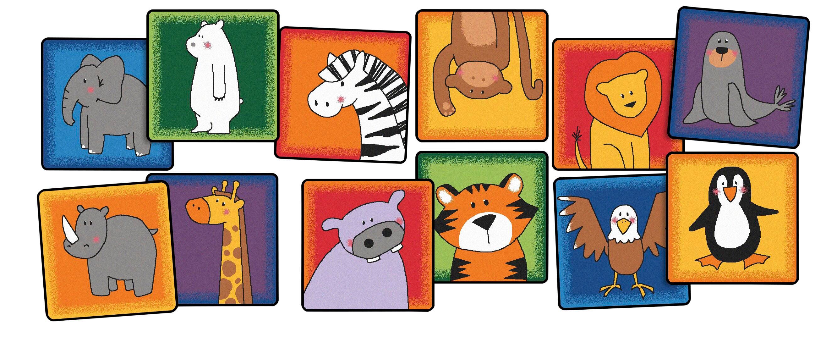 Carpets for Kids KID$Value PLUS Zoo Animals Seating Carpet Squares, 16 x 16 Inches, Set of 12, Multicolored, Item Number 2102585
