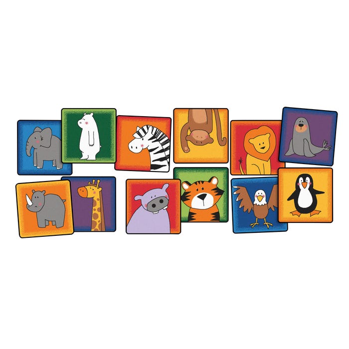 Carpets for Kids KID$Value PLUS Zoo Animals Seating Carpet, Squares, 16 x 16 Inches, Set of 12, Multicolored