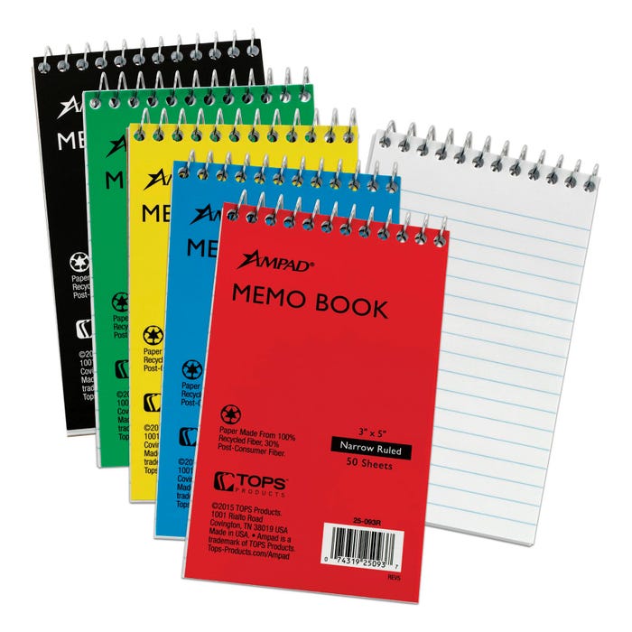 Ampad Memo Notebook, 3 x 5 Inches, Assorted Colors, 50 Sheets