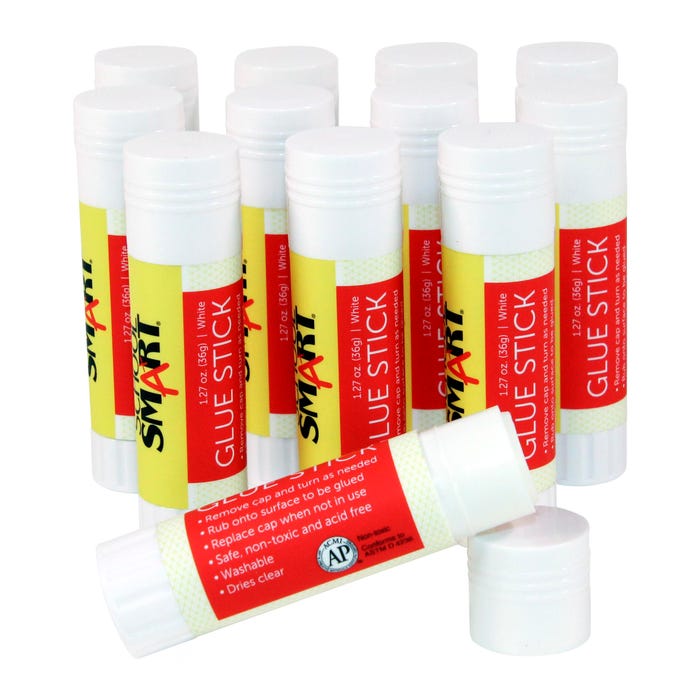 School Smart Glue Sticks, 1.27 Ounces, White and Dries Clear, Pack of 12