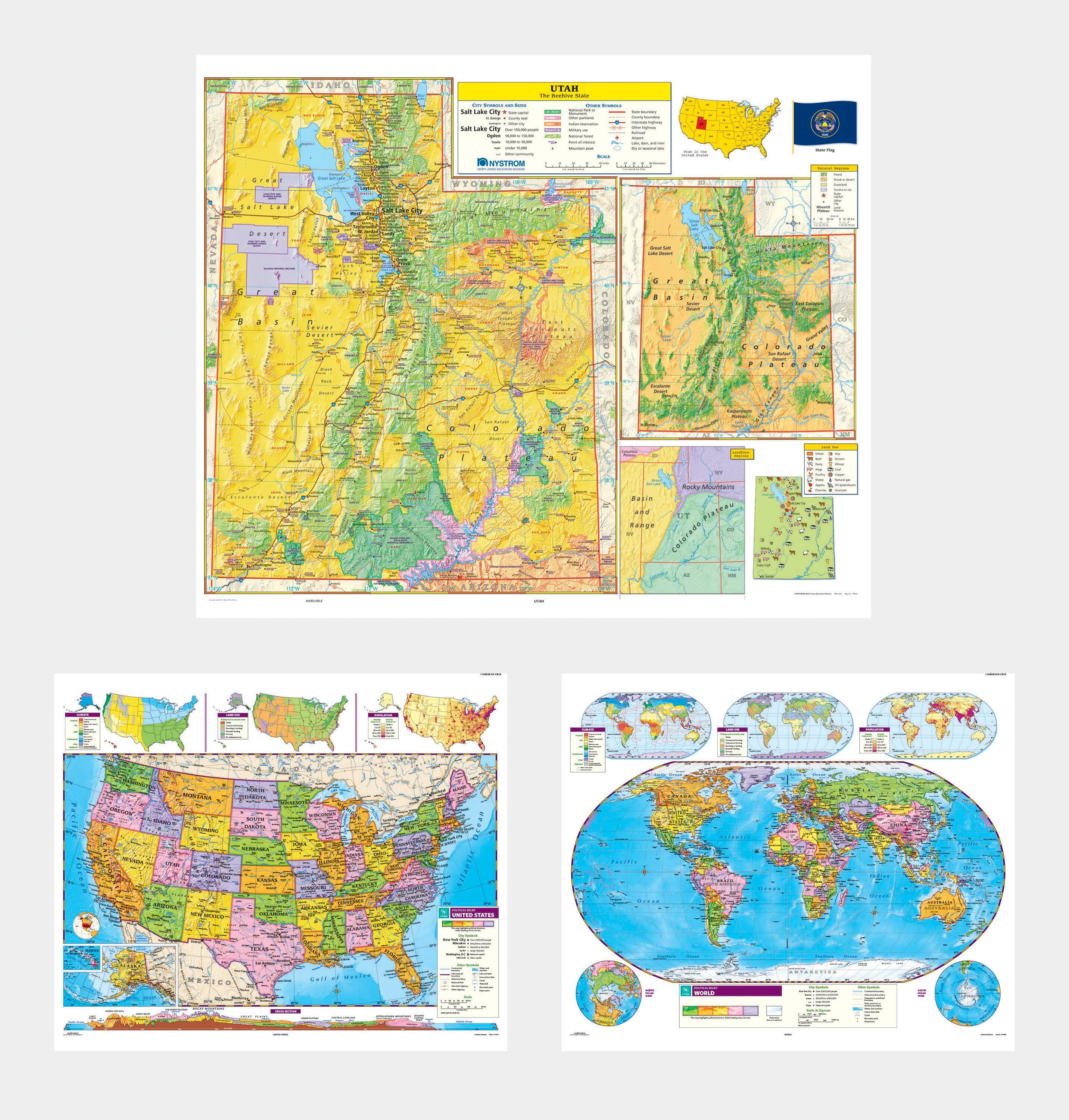 Social Studies UTAH/U.S./WORLD MAP COMBO, Markable, Erasable, Grades 4-12, Item Number 1566329