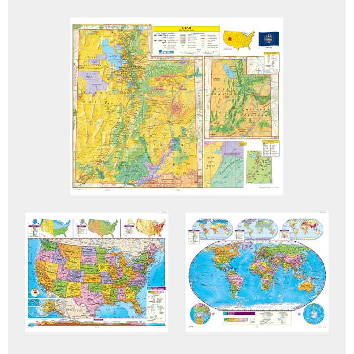 Social Studies UTAH/U.S./WORLD MAP COMBO, Markable, Erasable, Grades 4-12