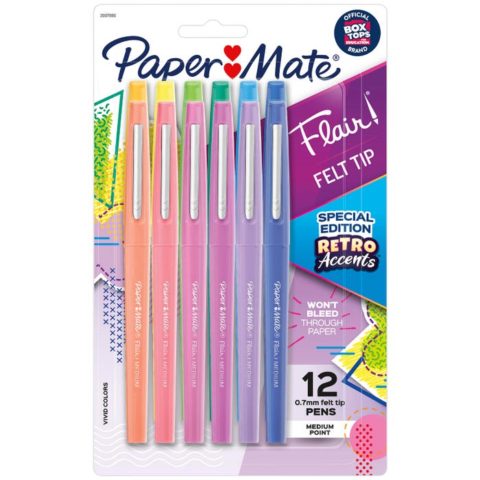 Paper Mate Flair Felt Tip Pens, Medium Point, 0.7 mm, Assorted Special Edition Retro Accents, Pack of 12