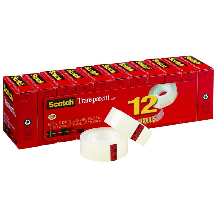 Scotch 600 Transparent Tape, 0.75 x 1000 Inches, Glossy, Pack of 12