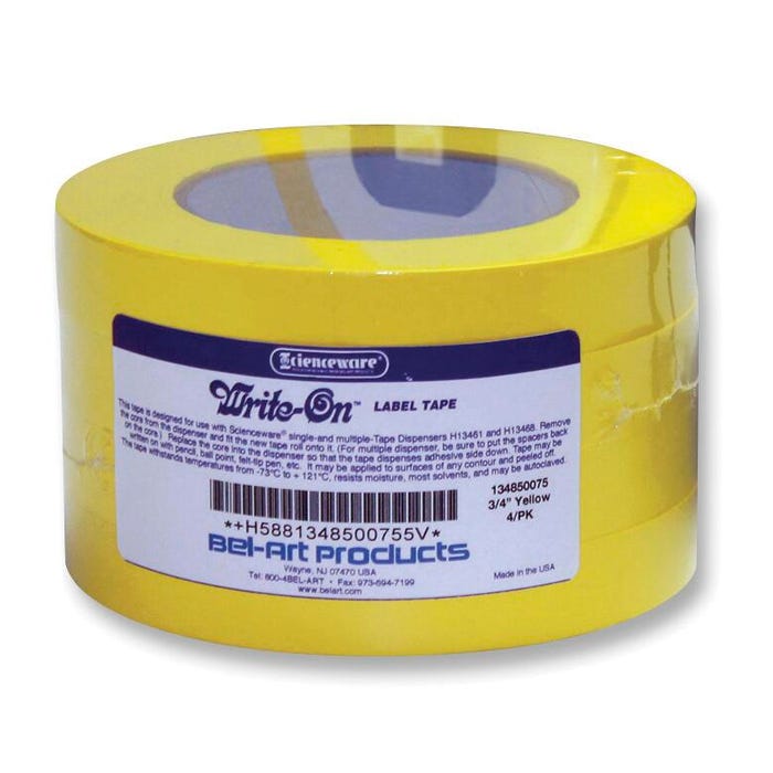 Scienceware Write-On Label Tape, 3/4 in X 40 yd, Yellow, Pack of 4