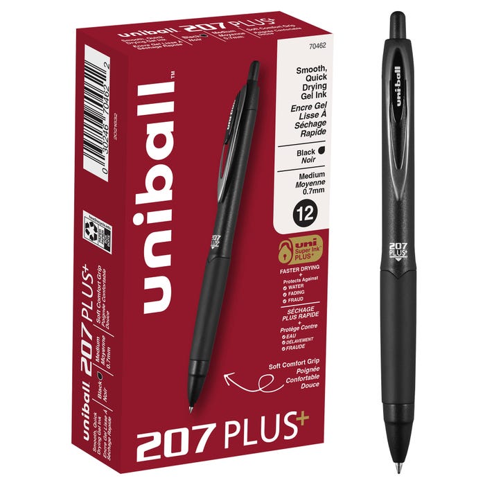 uniball 207 Plus+ Gel Pen, 0.7 mm, Black, Pack of 12