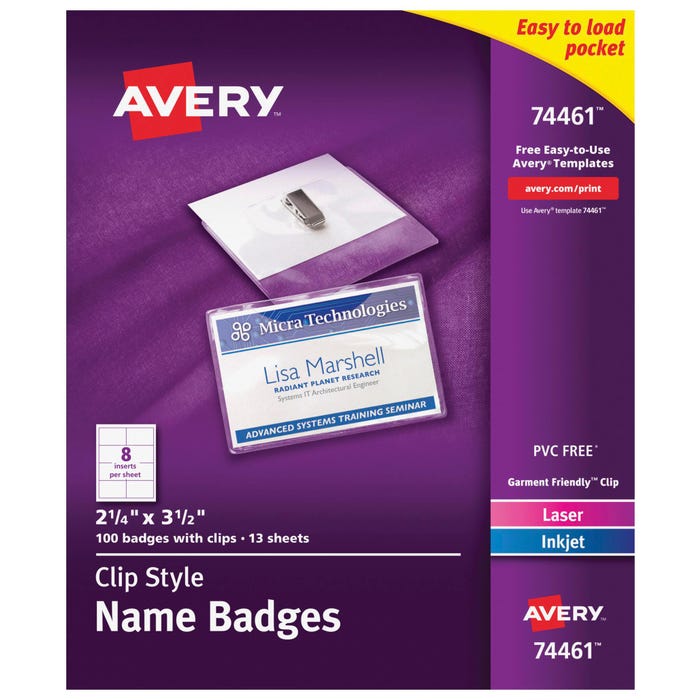 Avery 74461 Clip Style Name Badges with Clips, 2-1/4 x 3-1/2 Inches, Pack of 100