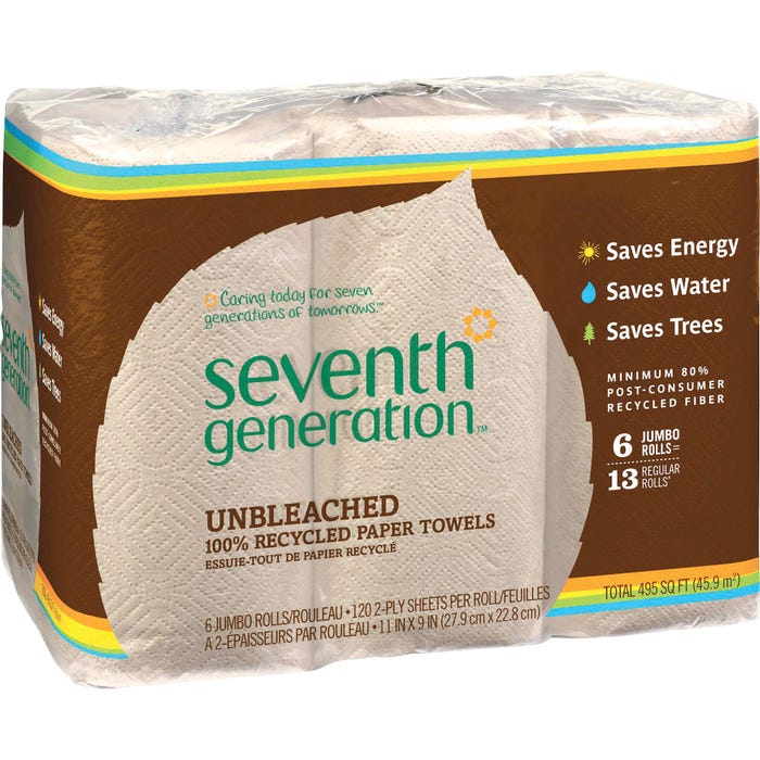 Seventh Generation Jumbo Unbleached Paper Towel, 120 Sheets per Roll, 2 Ply, Recycled, Pack of 6