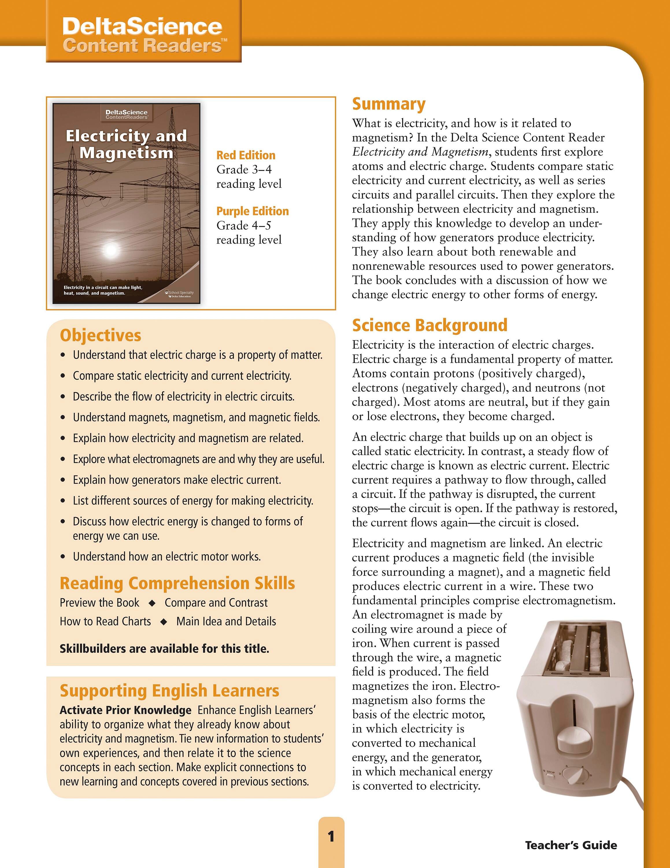 Delta Science Content Readers Electricity and Magnetism Red and Purple Teacher's Guide, Item Number 1278143