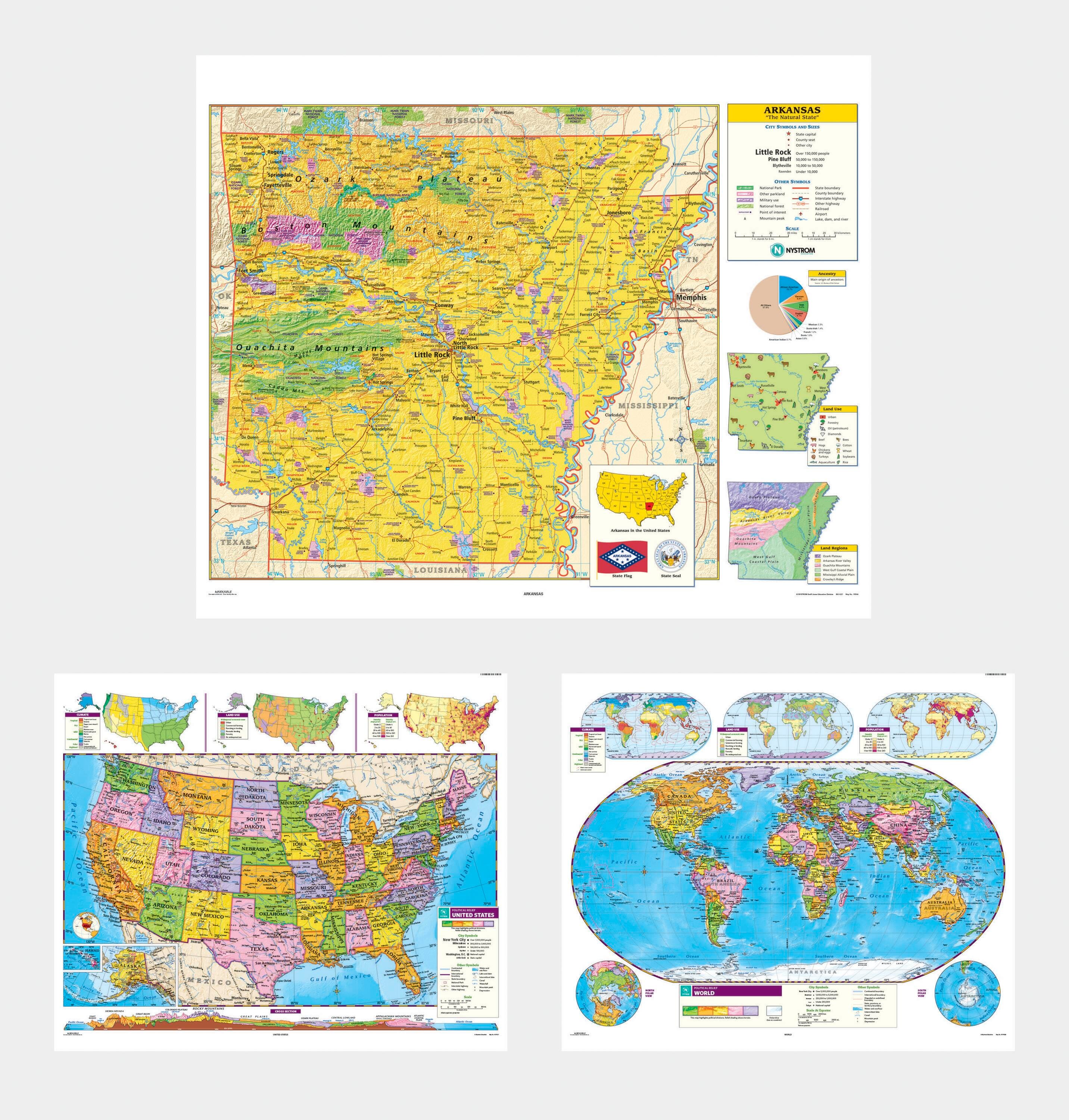 Social Studies ARKANSAS/U.S./WORLD MAP COMBO, Markable, Erasable, Grades 4-12, Item Number 1566294