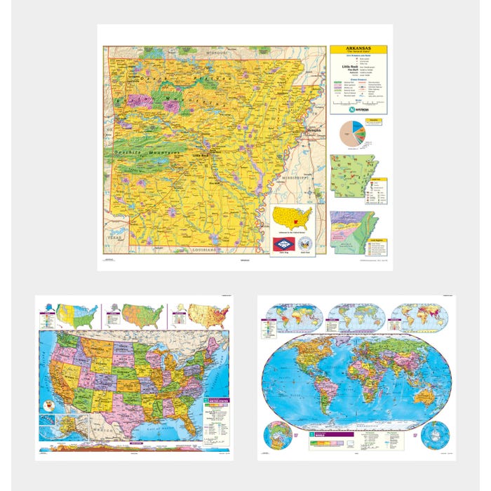 Social Studies ARKANSAS/U.S./WORLD MAP COMBO, Markable, Erasable, Grades 4-12