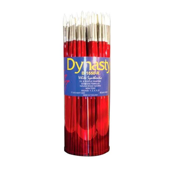 Dynasty B-1550 Round White Taklon Long Wood Handle Paint Brush Set, Assorted Size, Red, Set of 60