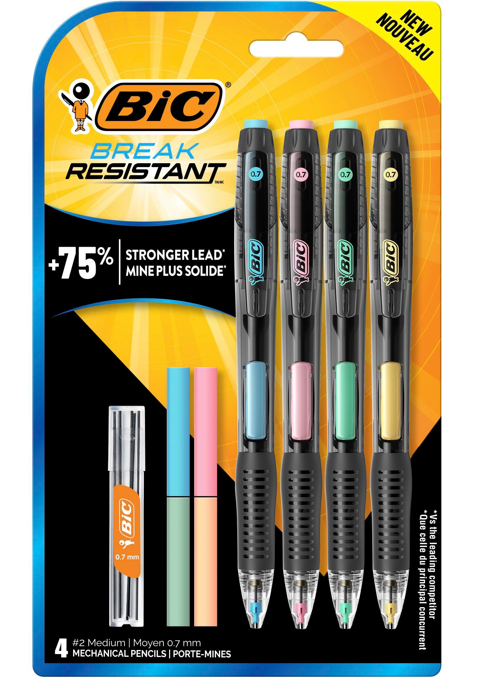 BIC Break-Resistant Mechanical Pencils with Erasers, No. 2 Medium Lead, 0.7 mm Point, Pack of 4 2131235