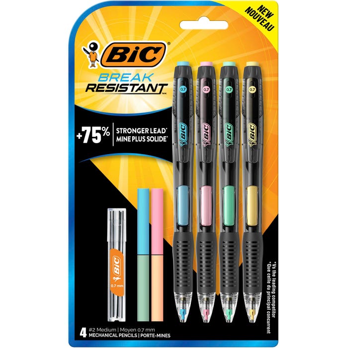 BIC Break-Resistant Mechanical Pencils with Erasers, No. 2 Medium Lead, 0.7 mm Point, Pack of 4