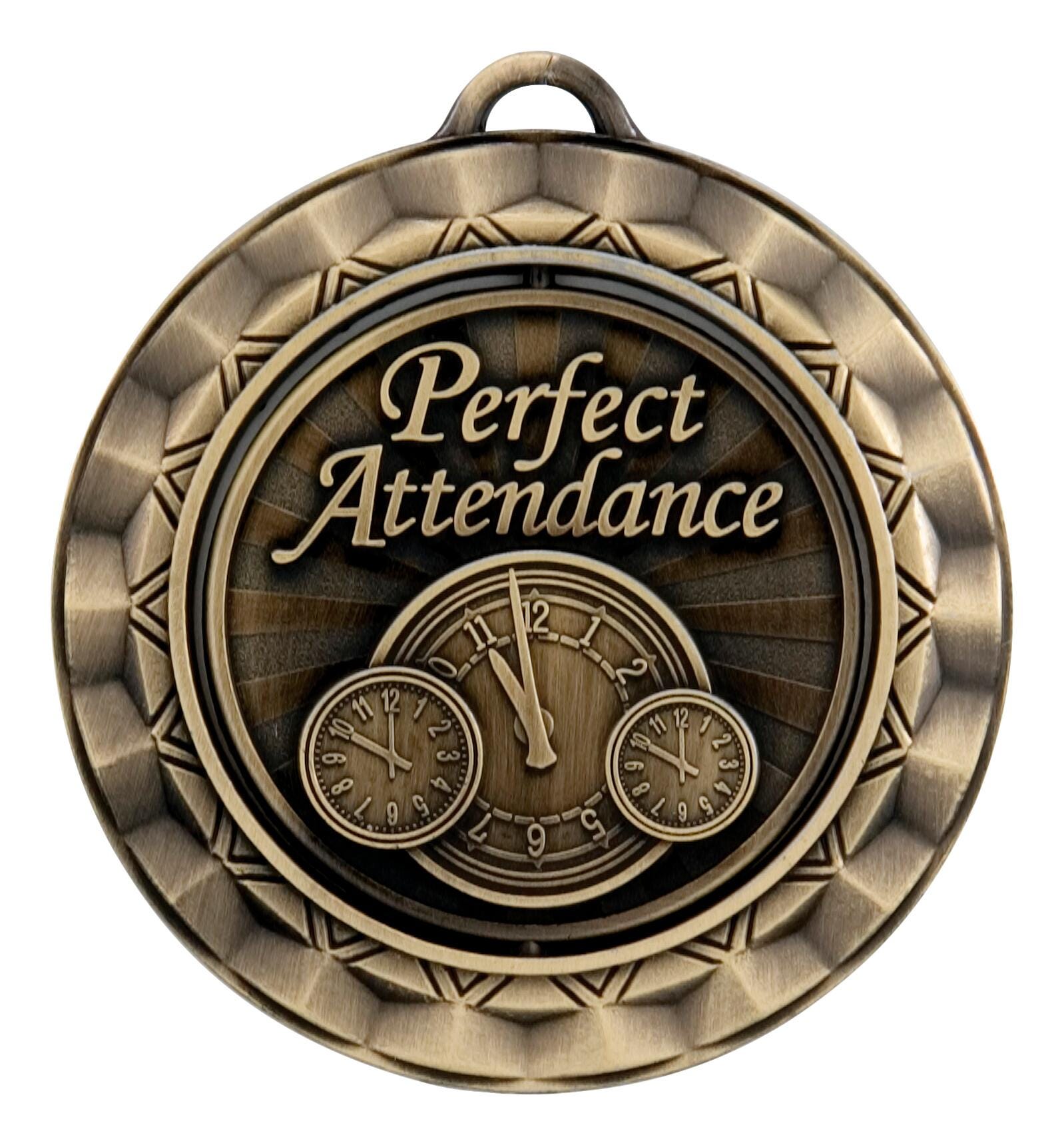 PDU CAT Perfect Attendance Die Struck Spinner Medal, 2-5/16 in, Metal, Gold