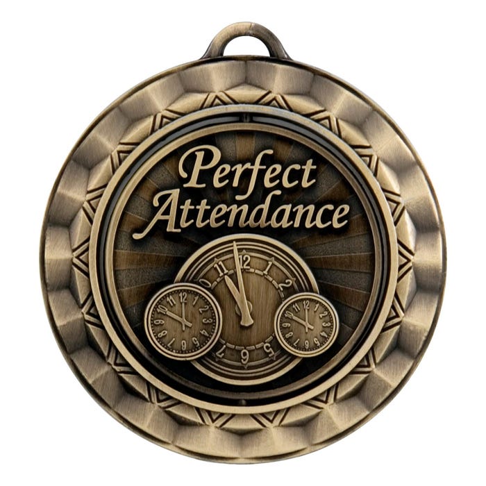 PDU CAT Perfect Attendance Die Struck Spinner Medal, 2-5/16 in, Metal, Gold