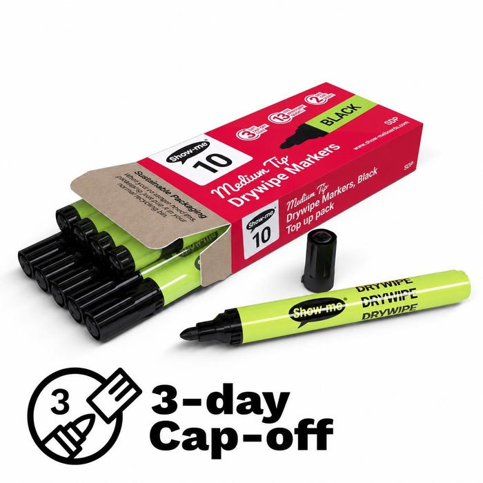 Show-me Drywipe Markers, Medium Tip, Black, Pack of 10