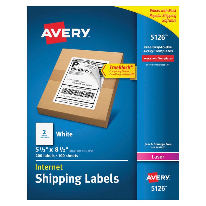 Avery TrueBlock Shipping Labels, Laser, 5-1/2 x 8-1/2 Inches, White, Pack of 200