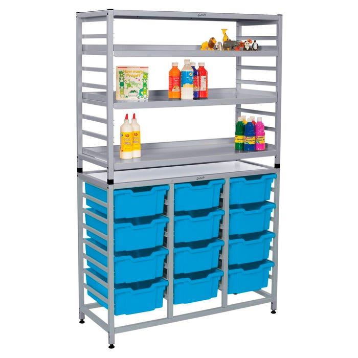 Gratnells Dynamis Cart Combo Set, 12 Deep F2 Trays and 3 Shelves, 41-1/2 x 16-3/5 x 67-1/5 Inches