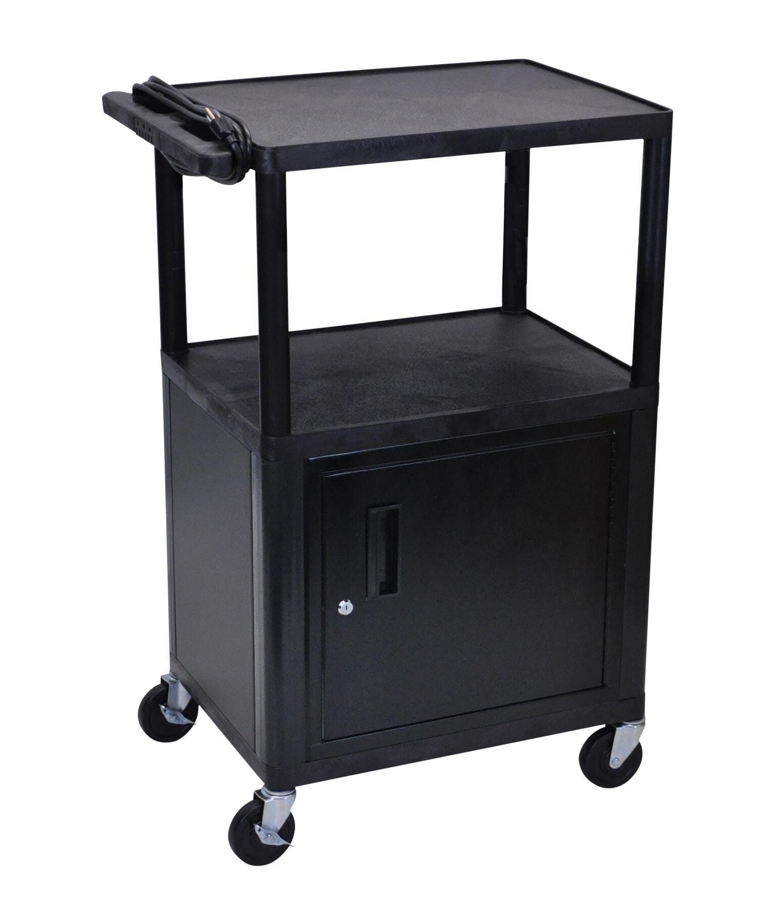 AV Cart, Two Shelf with steel locking cabinet, Molded Plastic, 24 x 18 x 42 Inches, Item Number 1133813
