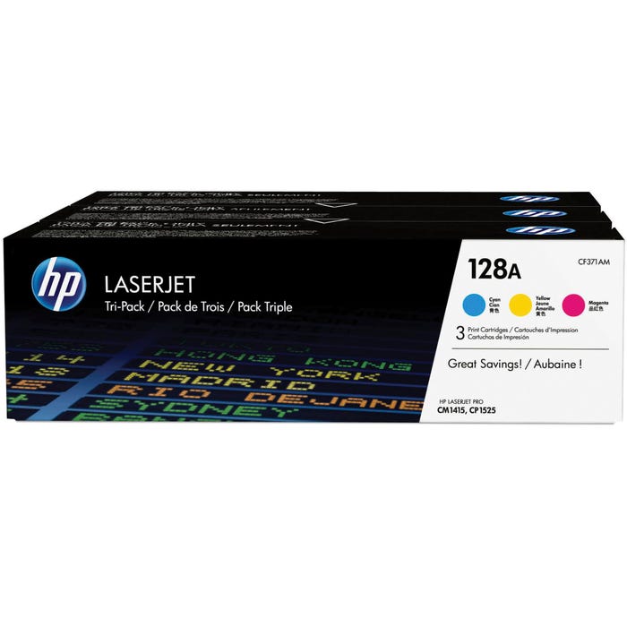 HP 128A Ink Cartridge, CF371AM, Tri-Color, Pack of 3