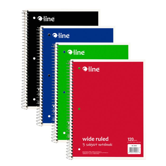 C-Line 3-Subject Wide Ruled Paper Notebook, 8-1/2 x 10-1/2 Inches, 120 Sheets, Assorted