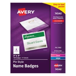 Avery Name Badges with Pin Holders, 3 x 4 Inches Each, Clear, Pack of 100, Item Number 1118322