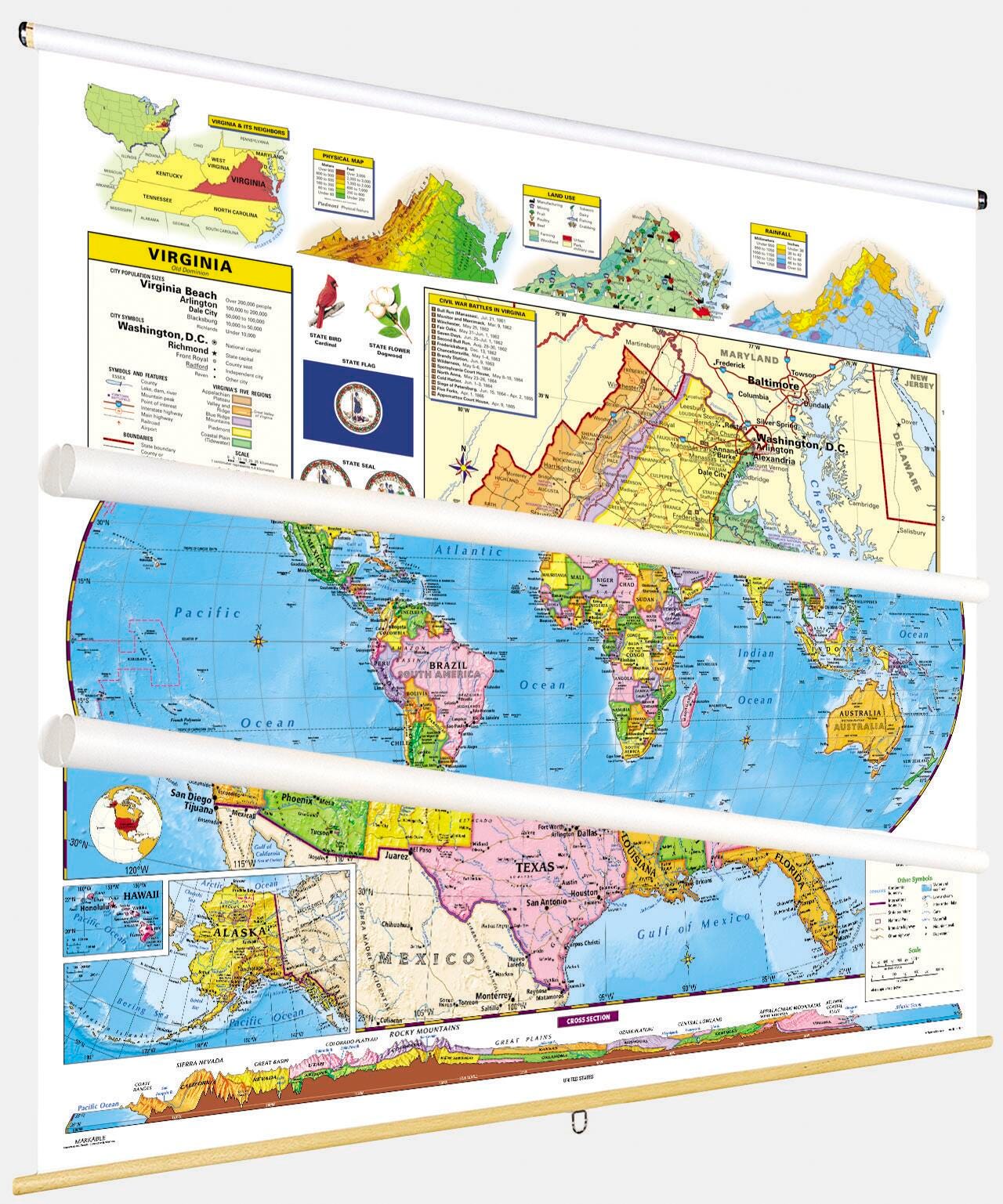 Social Studies OKLAHOMA/U.S./WORLD MAP COMBO, Markable, Erasable, Grades 4-12, Item Number 1566323