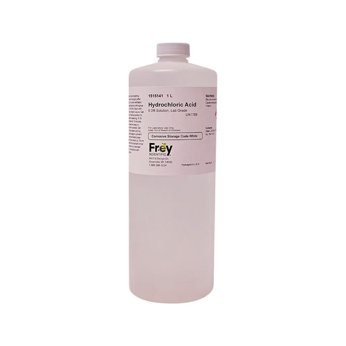 Frey Scientific Hydrochloric Acid Solution, 6.0M Solution, Lab Grade, 1 Liter, Pack of 2