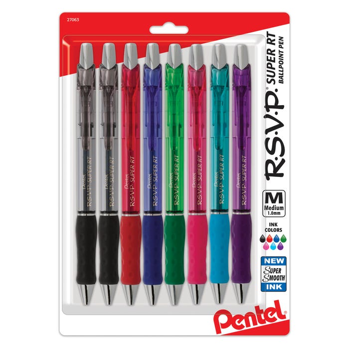 Pentel R.S.V.P. Super RT Ballpoint Pen, 1.0 mm Medium Line, Assorted, Set of 8