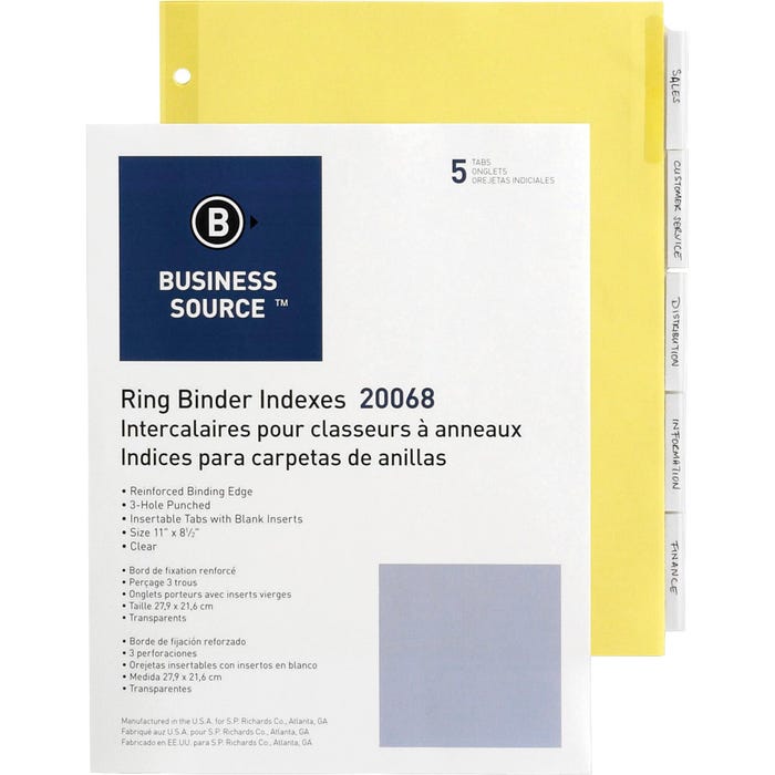 Business Source Ring Binder Indexes, 5 Tab, Clear, 50 Sets