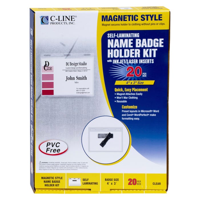 C-Line Self-Laminating Magnetic Style Name Badge Holder Kit, 4 x 3 inches, Pack of 20