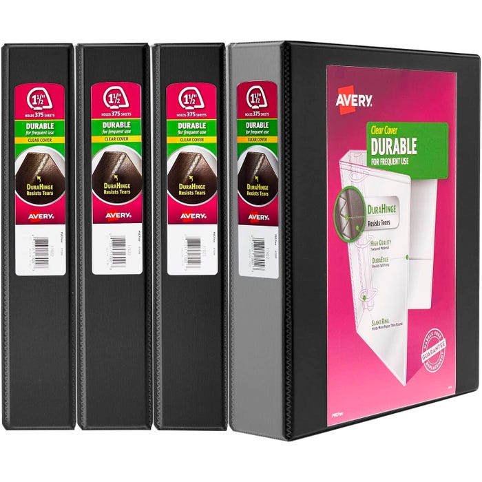 Avery Durable View Binders, 1-1/2 Inch, Slant Rings, Black, Pack of 4