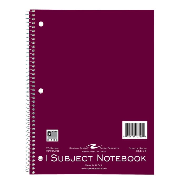 Roaring Spring Wirebound Notebook, 10-1/2 x 8 Inches, 1 Subject, 70 Sheets